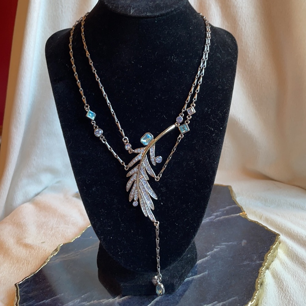 Givenchy two strand gunmetal grey chain feather and blue crystal necklace